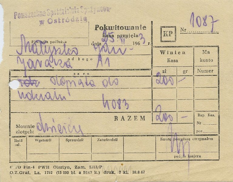 KKE 5447-1.jpg - Dok. Pokwitowanie dla Jana Małyszko, Ostróda, 1963 r.